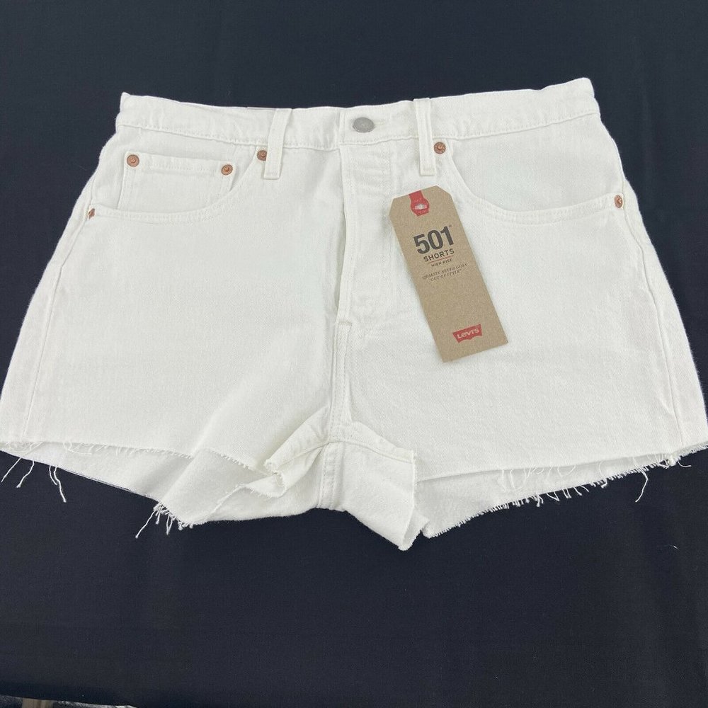Levi's 501 Shorts White Denim High Rise Frayed Hem
